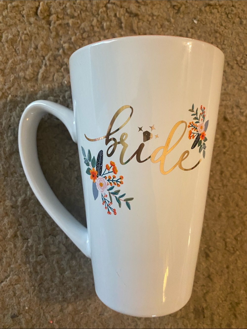 Bride Gold Script Ceramic Mug with Floral Accents - White